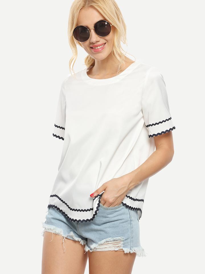 Shein White Short Sleeve Wave Trimmed T-shirt