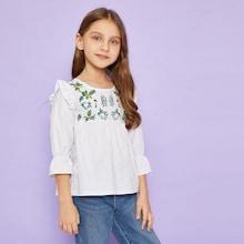 Shein Toddler Girls Plants Embroidery Ruffle Trim Blouse