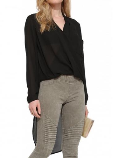 Rosewe Black Long Sleeve Asymmetric Hem Blouse