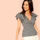 Shein Flutter Sleeve Surplice Neck Gingham Blouse