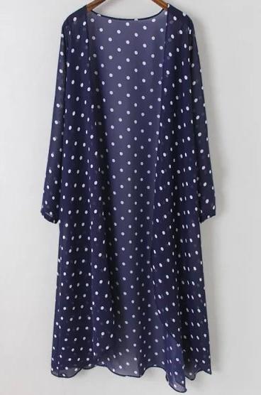 Shein Blue Long Sleeve Polka Dot Chiffon Blouse