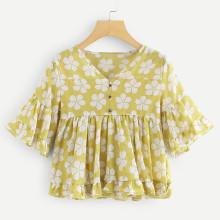 Shein Floral Print Ruffle Hem Blouse