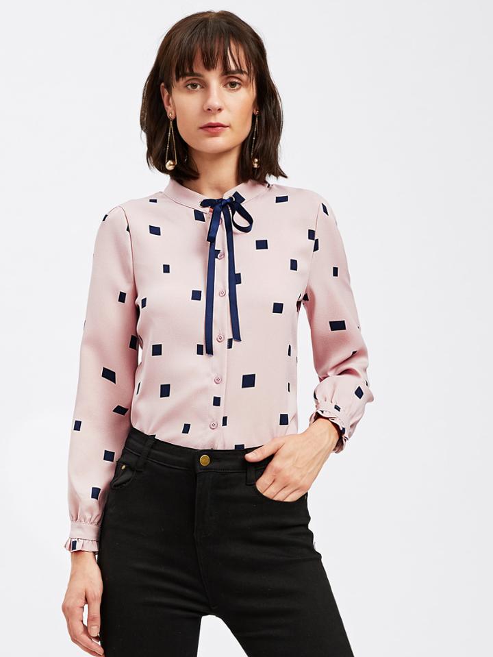 Shein Frill Cuff Geo Print Tie Neck Blouse