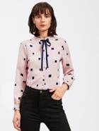 Shein Frill Cuff Geo Print Tie Neck Blouse