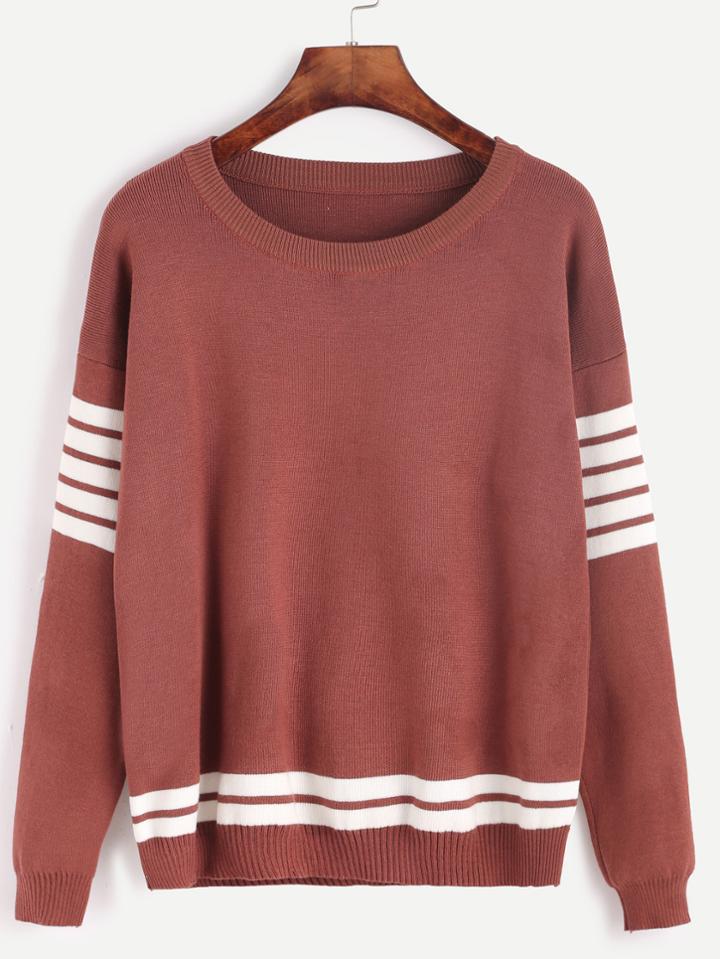 Shein Drop Shoulder Striped Trim Sweater
