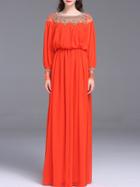 Shein Orange Contrast Gauze Elastic-waist Beading Maxi Dress