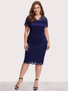Shein V Neckline Chevron Trim Lace Overlay Dress