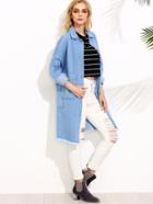 Shein Blue Drop Shoulder Dual Pocket Front Frayed Denim Coat