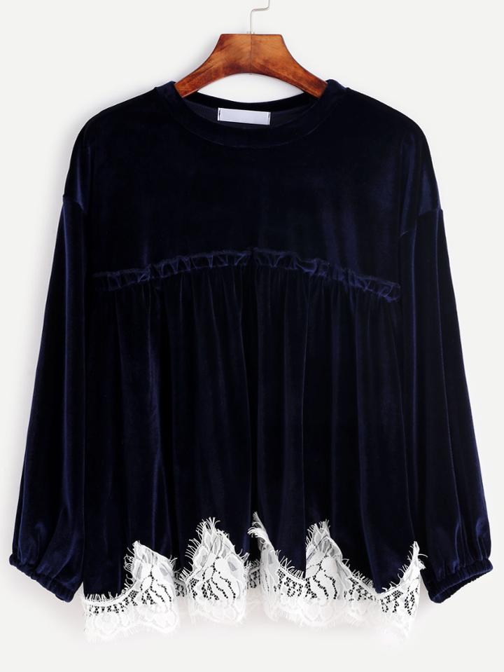 Shein Navy Crochet Trim Velvet Blouse