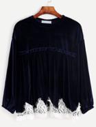 Shein Navy Crochet Trim Velvet Blouse