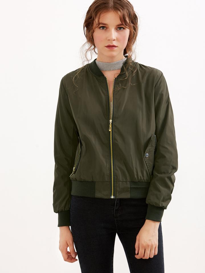 Shein Army Green Shirred Sleeve Zipper Bomber Jacket