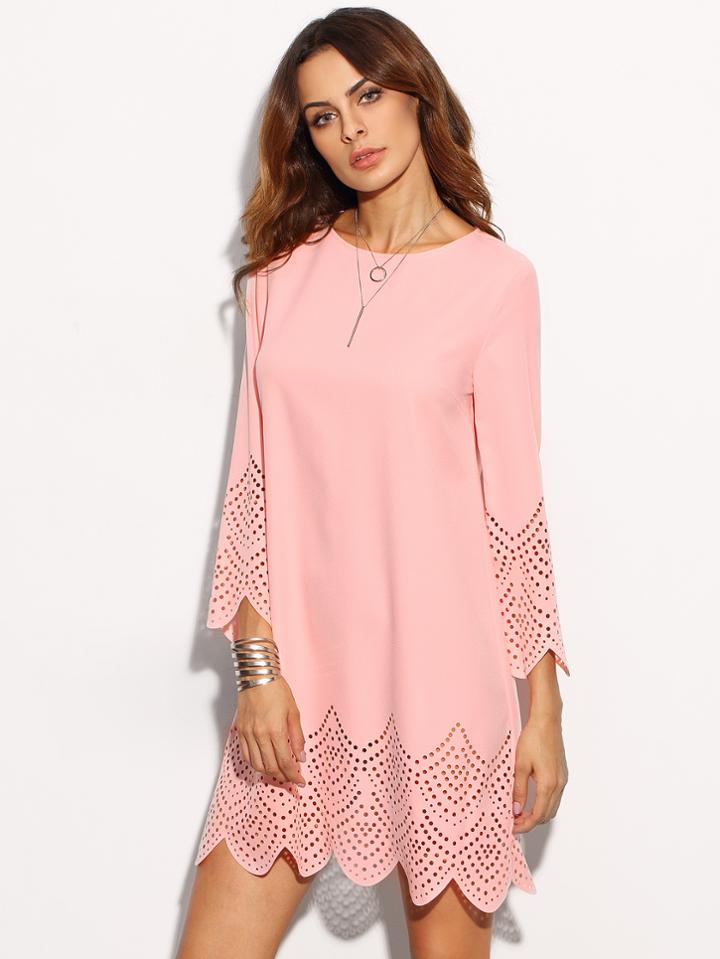 Shein Pink Hollow Hem Three Quarter Sleeve Shift Dress