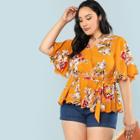 Shein Plus Self Belted Flower Print Blouse