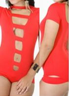 Rosewe Red Hollow Design Short Sleeve Bodysuit