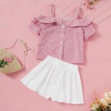 Shein Girls Button Up Cold Shoulder Gingham Top & Shorts Set