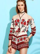 Shein Red Off The Shoulder Floral Siamese Trousers