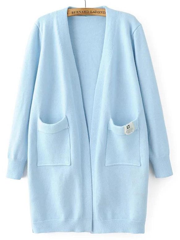 Shein Blue Collarless Ribbed Trim Pocket Georgia Tech Cardigan