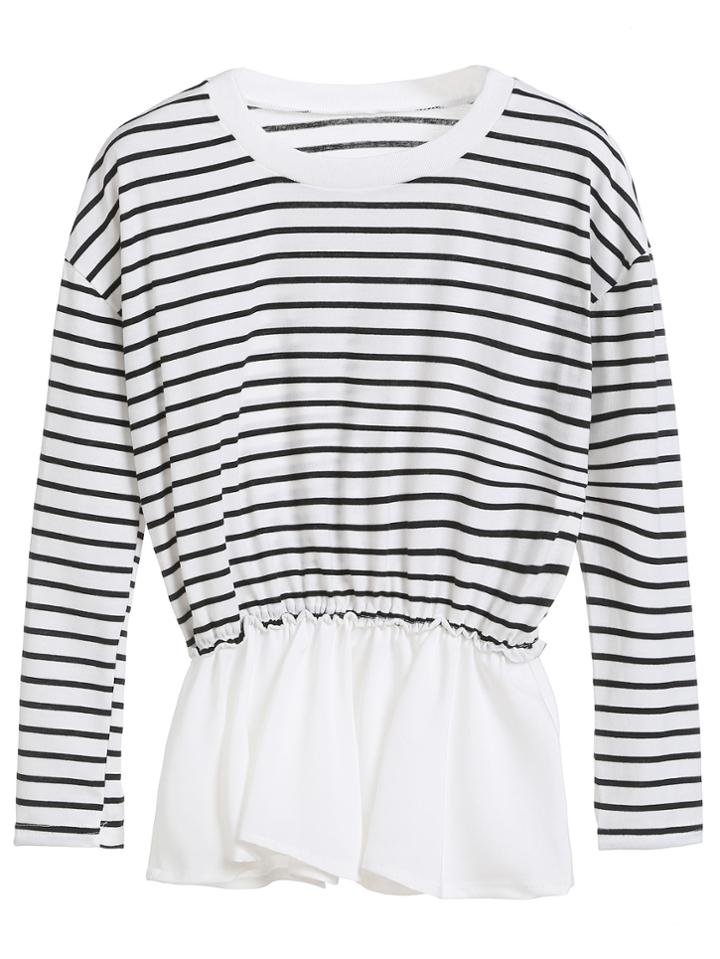 Shein Black White Striped Elastic Waist Peplum Top
