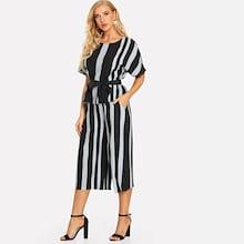 Shein Striped Tie Waist Top & Wide Leg Pants