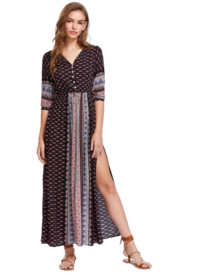 Shein Elbow Sleeve Vintage Print Split Maxi Dress