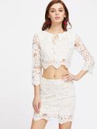 Shein Tie Neck Lace Overlay Crop Top And Skirt