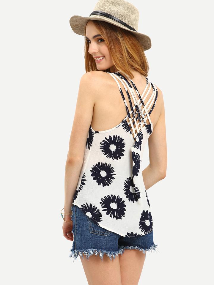 Shein Crochet Insert Crisscross Daisy Print Tank Top