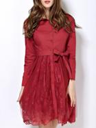 Shein Burgundy Lapel Tie-waist Contrast Gauze Lace Dress