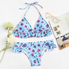 Shein Calico Print Ruffle Hem Bikini Set