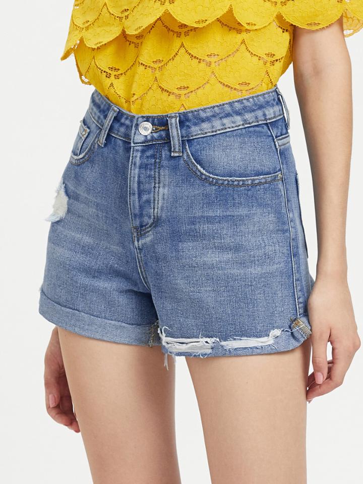 Shein 5 Pocket Cuffed Ribbed Denim Shorts