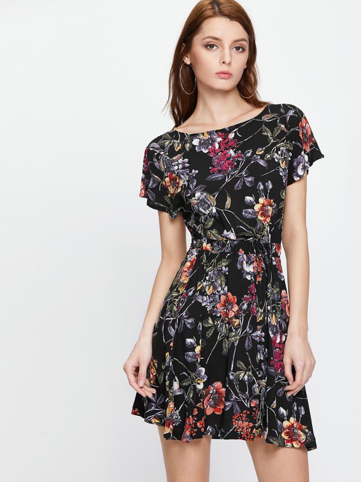 Shein Florals Open Back Tie Detail Dress
