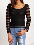 Shein Black Sheer Mesh Lace Slim Crop Blouse