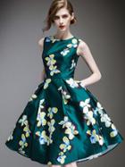 Shein Green Round Neck Sleeveless Print Pockets Dress