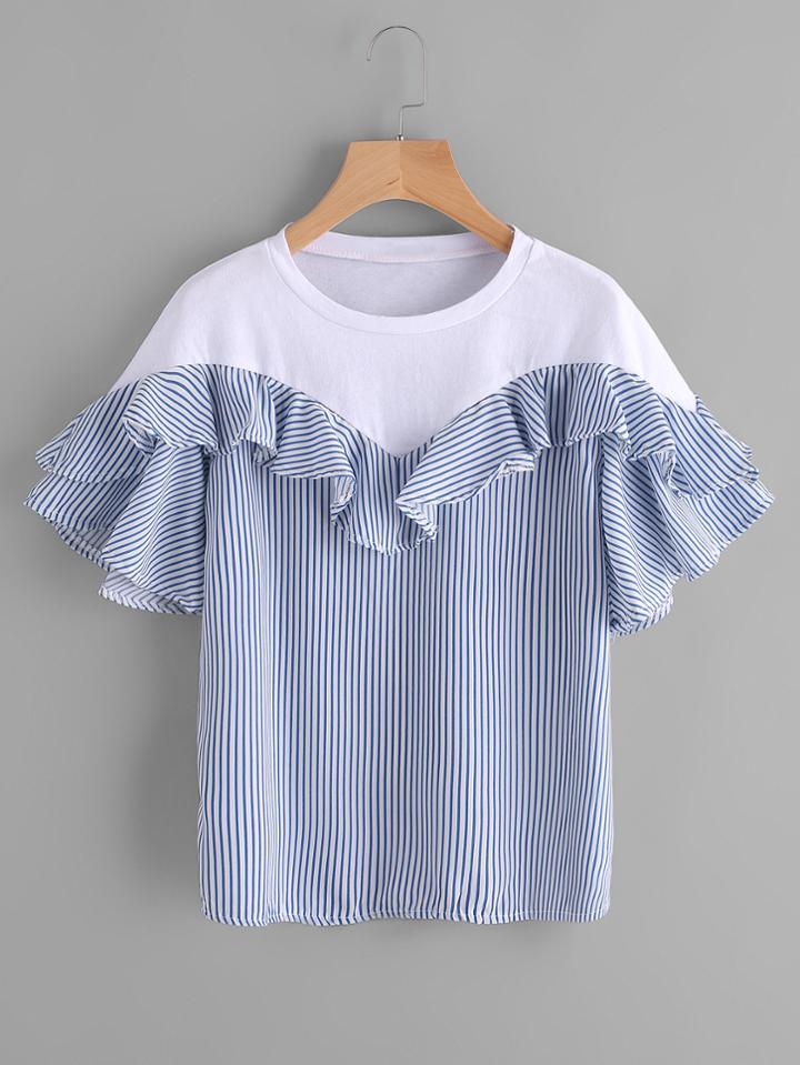 Shein Contrast Panel Frill Trim Striped Blouse