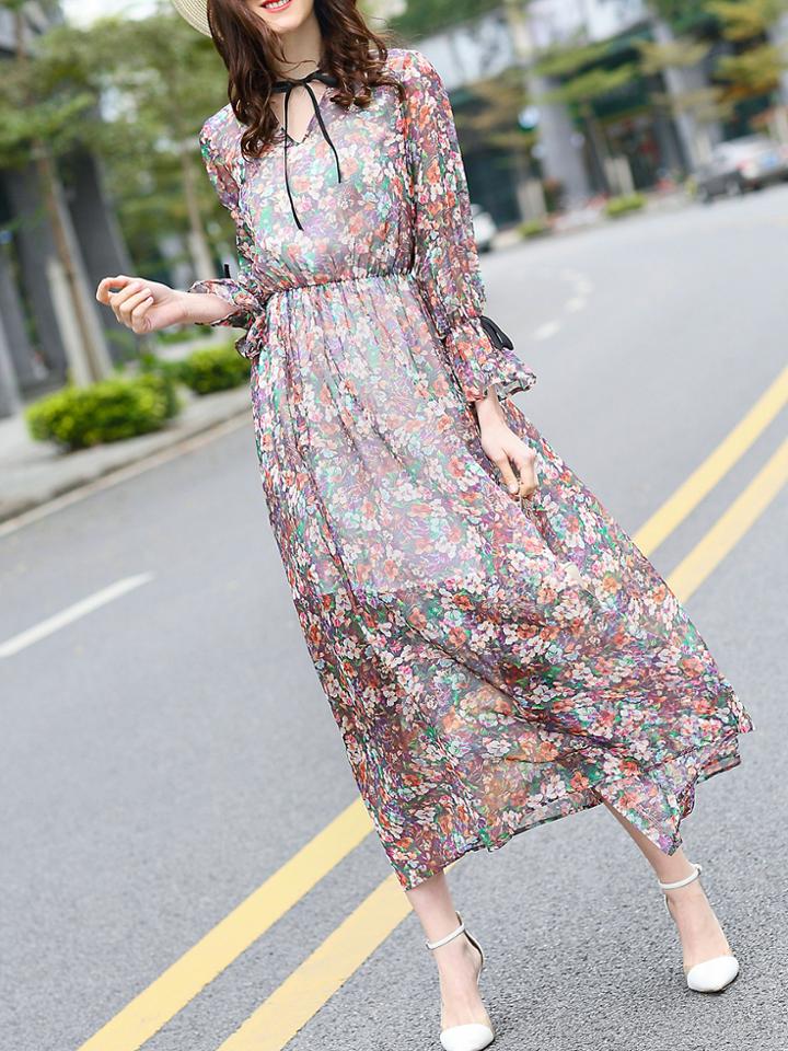 Shein Multicolor Tie Neck Elastic-waist Floral Long Dress