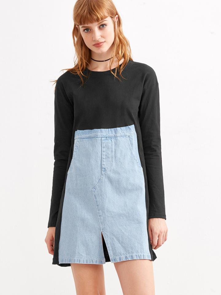 Shein Black Contrast Trim Slit Front Pockets Dress