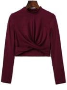 Shein Burgundy Band Collar Overlap Front Crop T-shirt