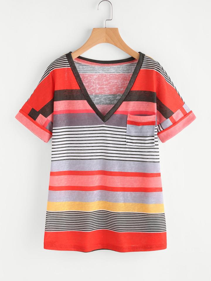 Shein V-neckline Cuffed Striped Tee