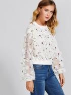 Shein Botanical Embroidery And Applique Mesh Overlay Pullover