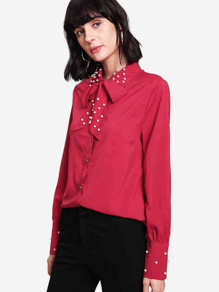 Shein Faux Pearl Decoration Tie Neck Shirt