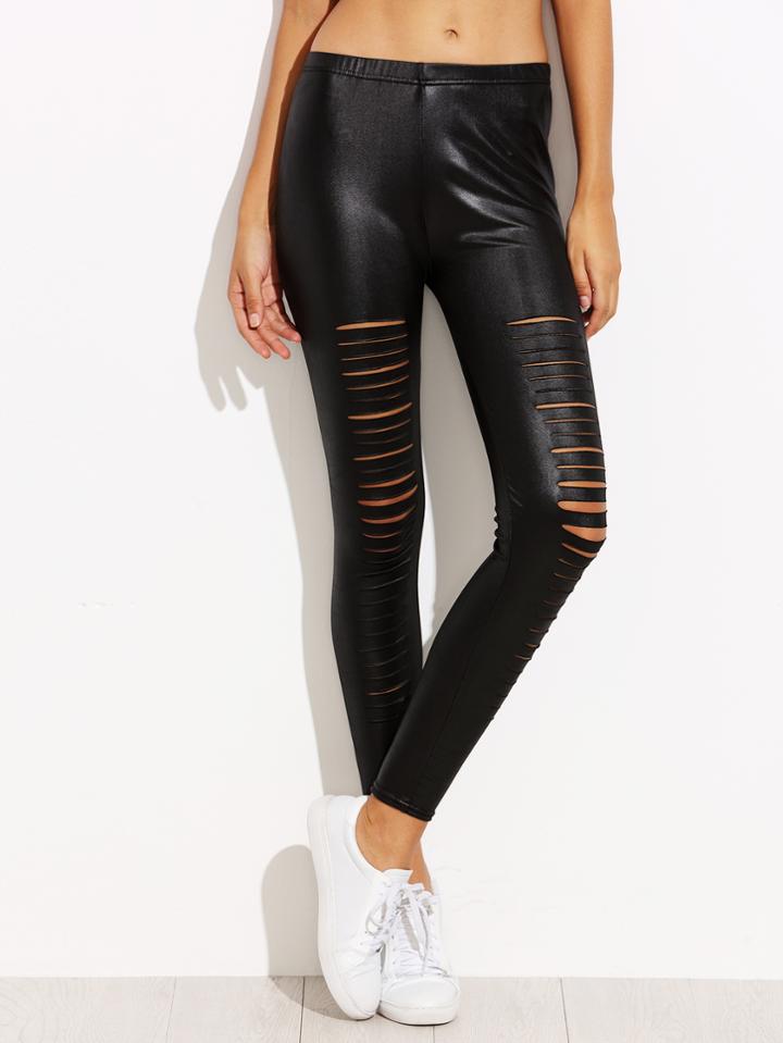Shein Black Coated Ripped Skinny Leggings