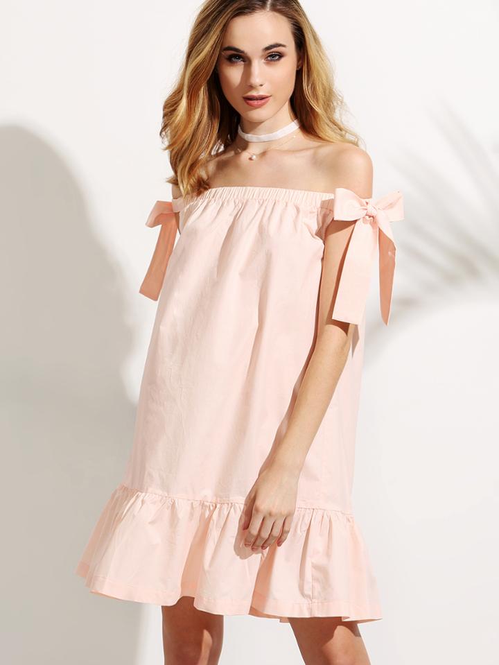 Shein Pink Off The Shoulder Bow Tie Ruffle Dress