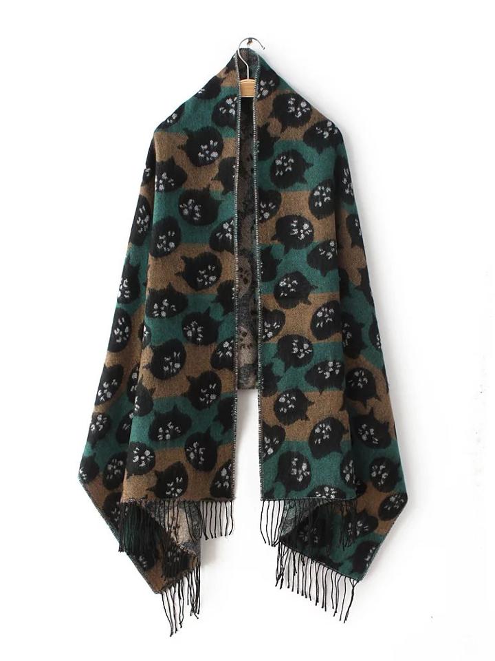 Shein Green Stripe Kitty Head Jacquard Fringe Shawl Scarf