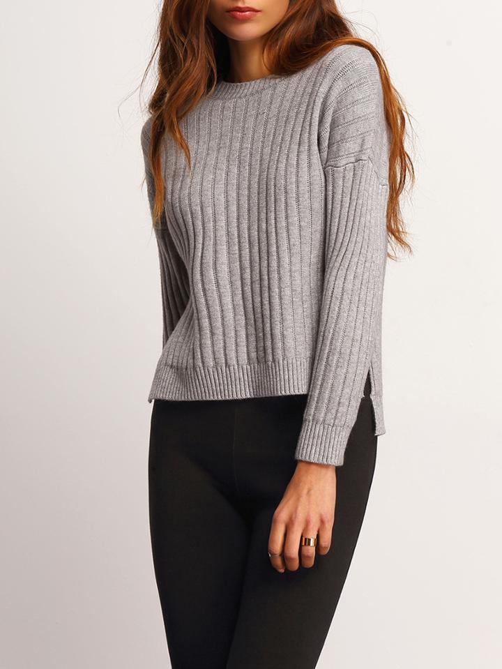Shein Grey Split Rib Dip Hem Sweater