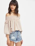 Shein Shirred Off The Shoulder Embroidery Top