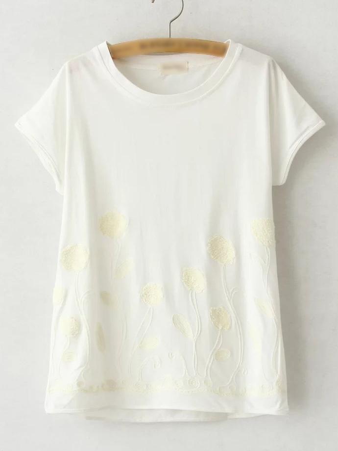 Shein White Round Neck Dandelion Embroidery T-shirt