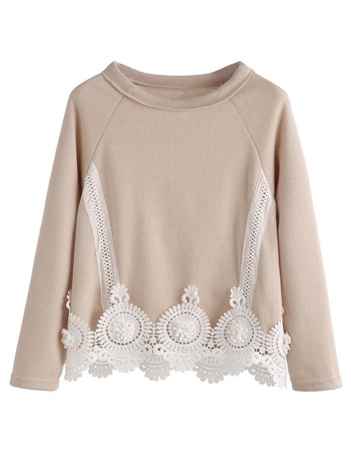 Shein Apricot Raglan Sleeve Appliques Knit T-shirt