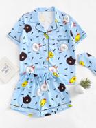Shein Contrast Trim Cartoon Print Pajama Set With Eye Mask