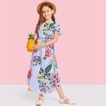 Shein Girls Flower Print Stripe Dress