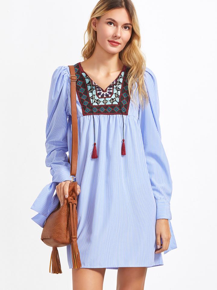 Shein Blue Striped Embroidered Yoke Tie Sleeve Dress