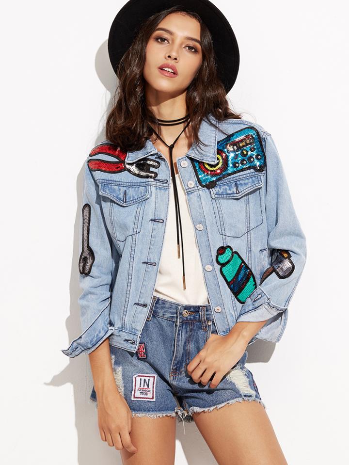 Shein Blue Sequin Patches Denim Jacket